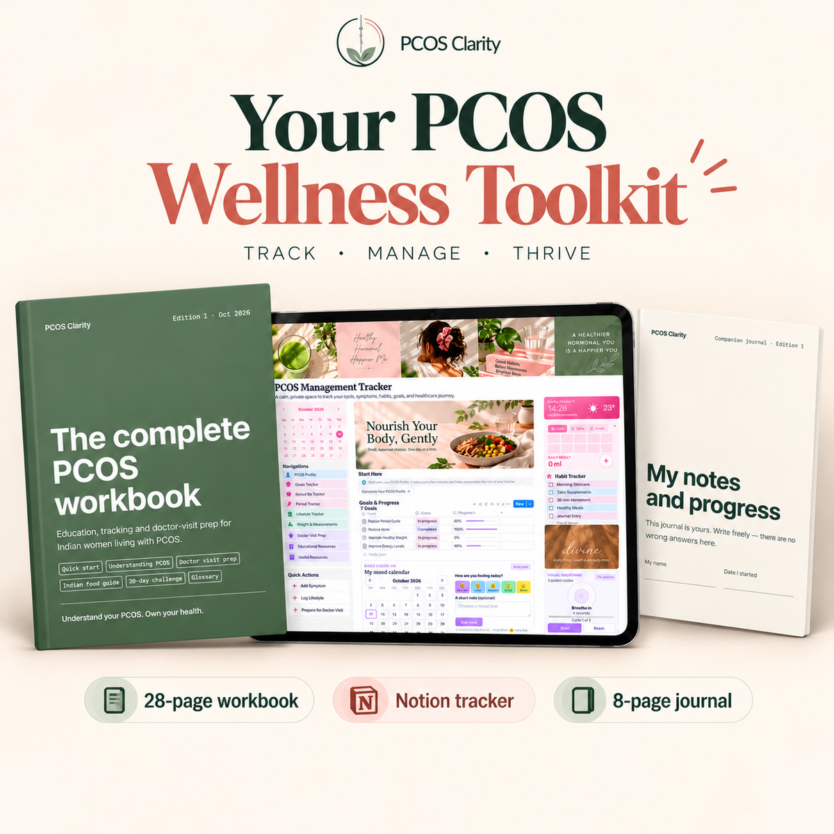 PCOS Clarity Complete Bundle: Workbook + Notion Tracker + Companion Journal (Made for Indian Women)